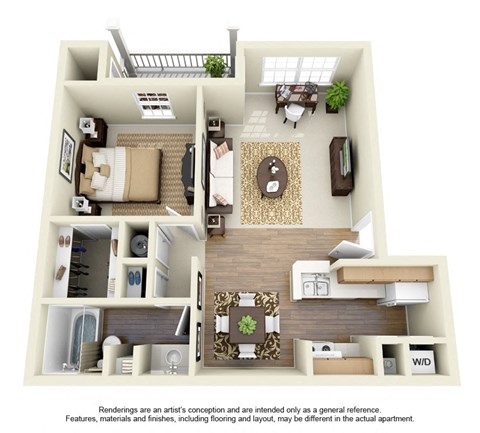 Floor plan for 1 bed, 1 bath, 670 sqft